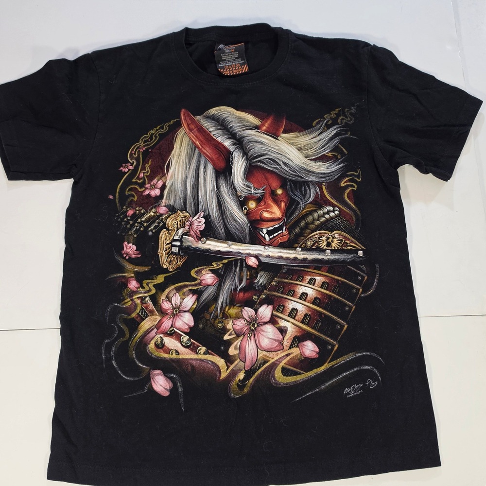 Rock Chang Hannya Mask Samurai Katana Graphic T-Shirt Black Mens Medium